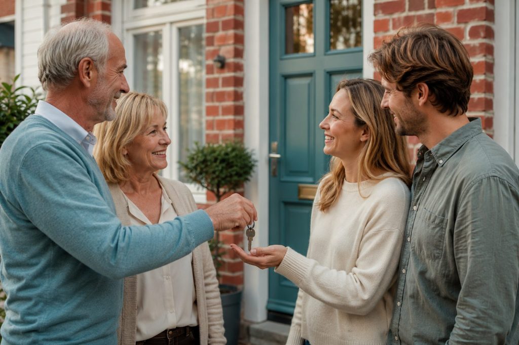 Ouder koppel dat de sleutel van hun woning overhandigt aan hun volwassen kinderen voor de voordeur.