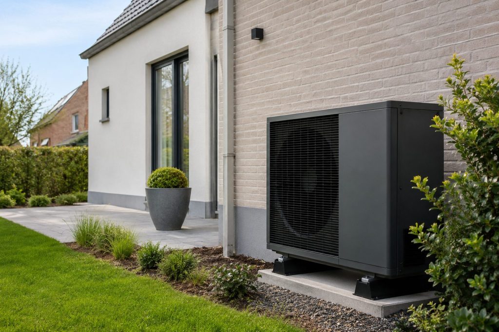 Warmtepomp tegen de gevel van een gerenoveerde Vlaamse woning met beter EPC-label