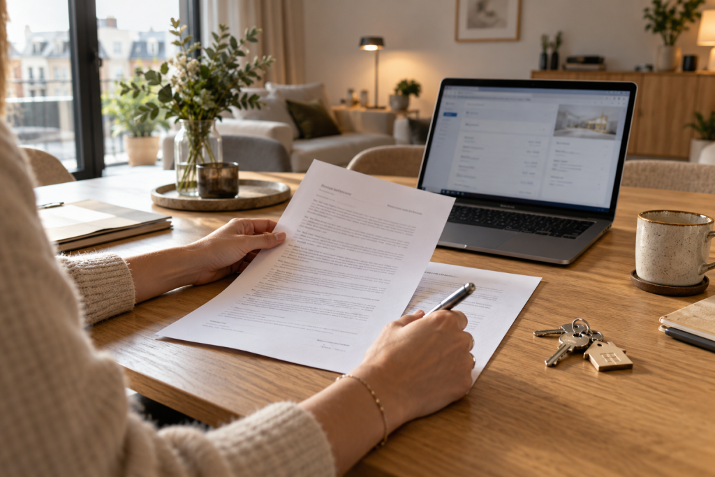 Huurder controleert het huurcontract en de documenten voor de huurwaarborg in haar nieuwe woning.