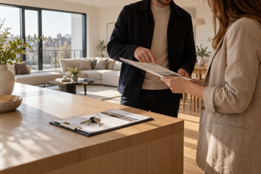Huurder en vastgoedmakelaar bespreken de plaatsbeschrijving bij de sleuteloverdracht van een appartement.