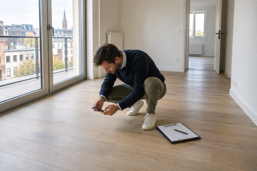 Vastgoedexpert fotografeert de staat van de vloer tijdens de plaatsbeschrijving van een huurappartement.