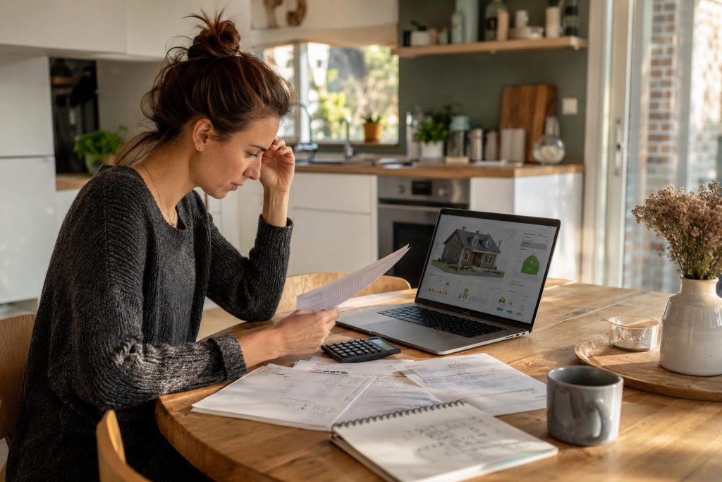 Vrouw berekent haar renovatiebudget en premies aan de keukentafel met laptop en facturen