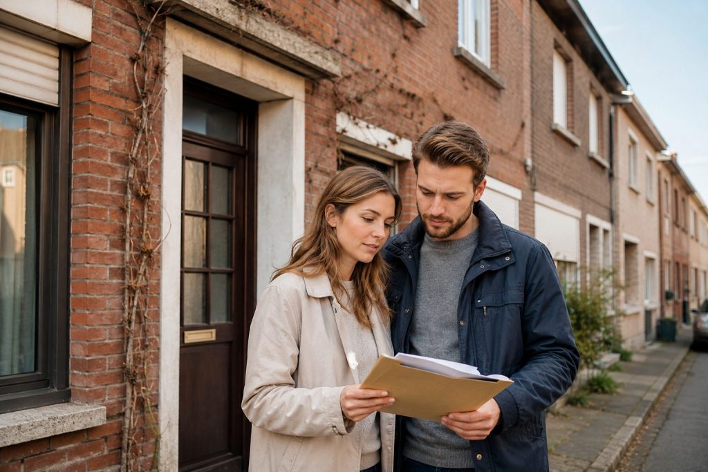 Jong koppel bekijkt documenten voor een oudere Vlaamse rijwoning met renovatieverplichting