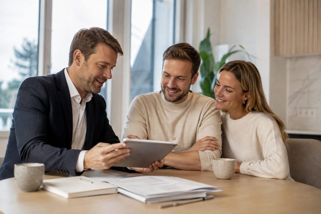 Vastgoedmakelaar toont een koppel de waardebepaling van hun woning op een tablet aan tafel.
