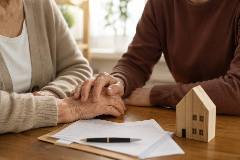 Ouder koppel houdt elkaars hand vast bij documenten en een houten huisje terwijl ze het schenken van hun woning bespreken.